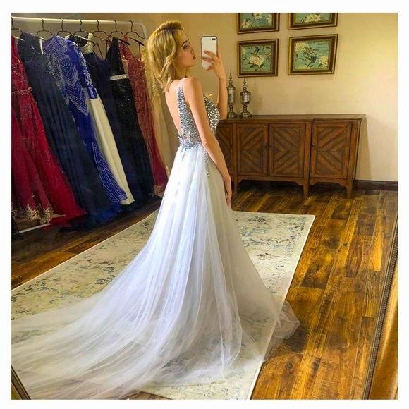 Jeweled Formal Dress with Slit - Picture 2 of 15